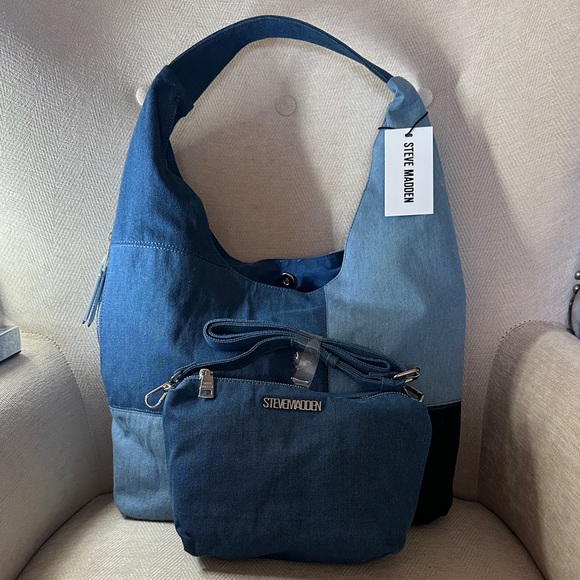 Steve Madden Denim and Black Hobo Bag With small Crossbody bag inside - Picture 4 of 12